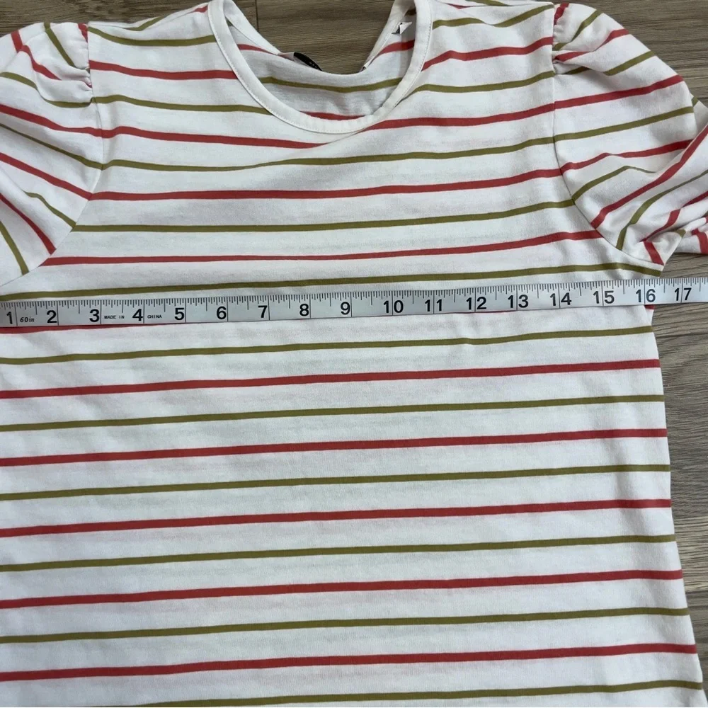 Rebecca Taylor A-Line White & Multicolor Striped Puff Sleeve T-Shirt